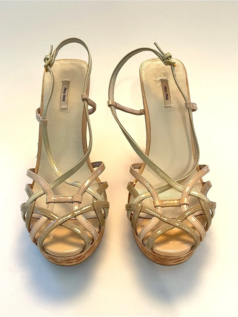 Vintage Miu Miu Wood Carved Strappy Sling Back Wedges